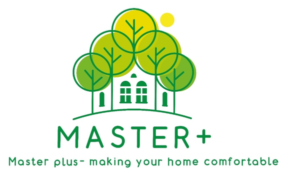 MASTER+ logo — green house and trees